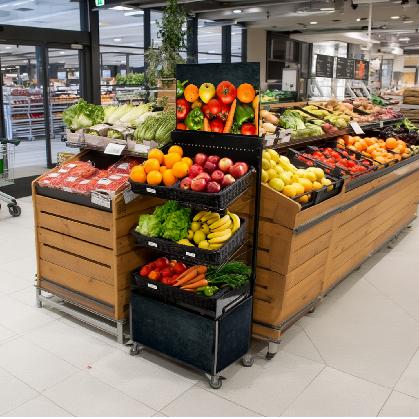 Mobiler Verkaufsständer Concept Obst und Gemüse mit Rattan Körben