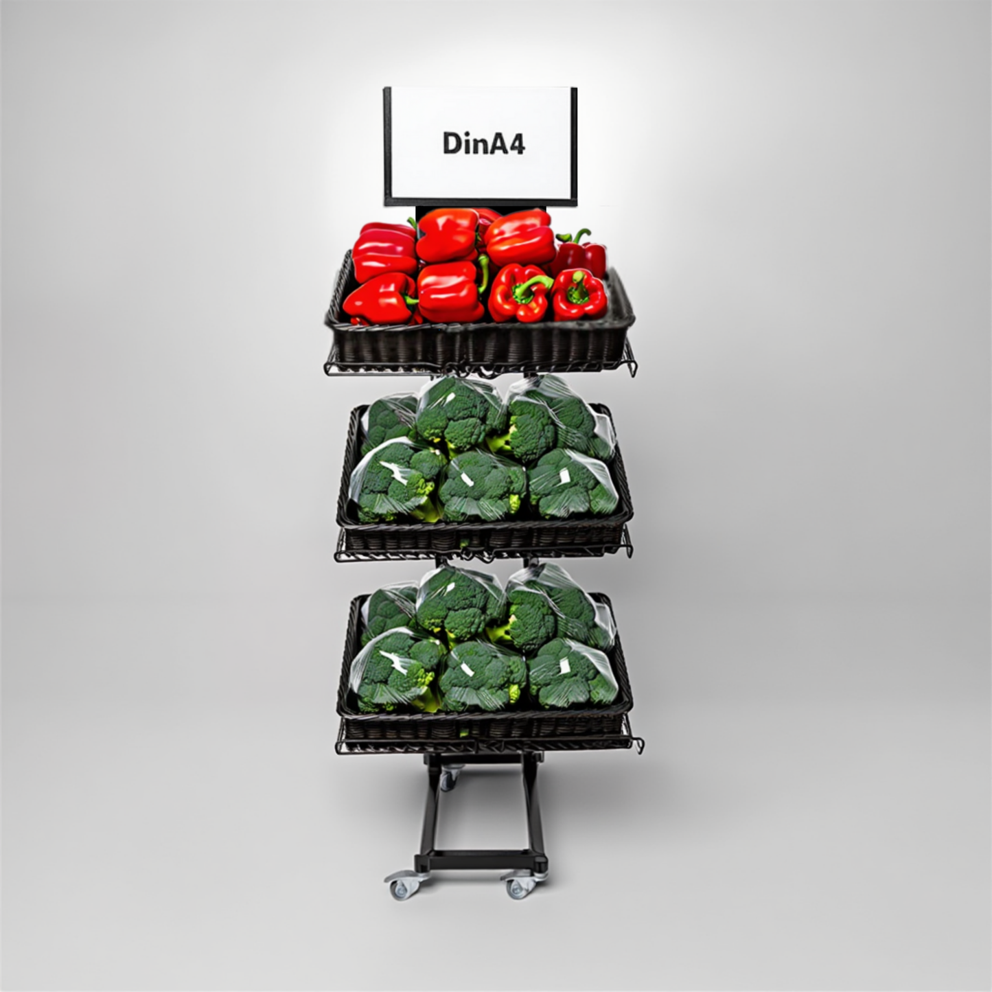 Mobiler Metall Verkaufsständer Edeka Variant 3er, Obst und Gemüse mit Rattan Körben