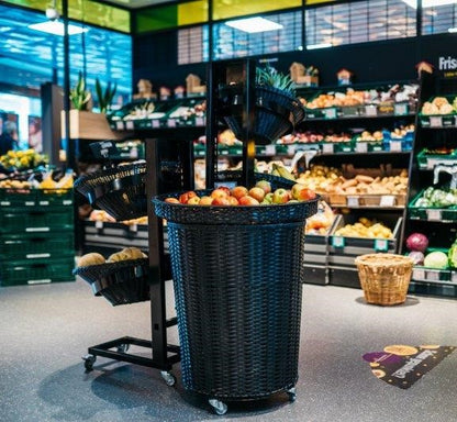 Standkorb Rattan 90 cm hoch auf Rollen, wird kombiniert mit dem Korbaufsatz für Standkorb Rattan 72 cm