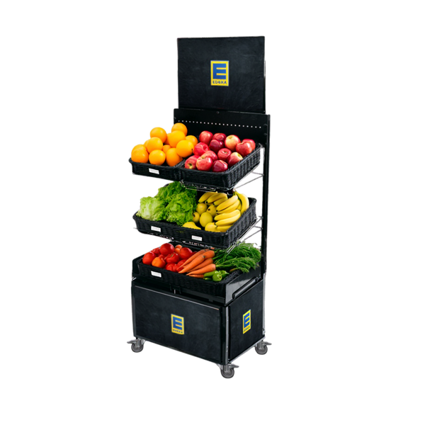 Mobiler Verkaufsständer Concept Edeka Obst und Gemüse mit Rattan Körben