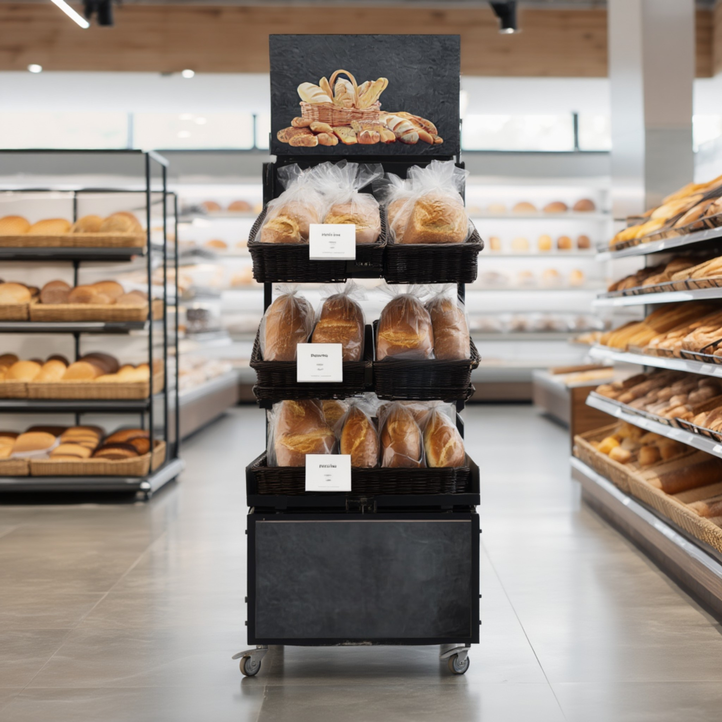 Mobiler Verkaufsständer Concept Brot mit Rattan Körben