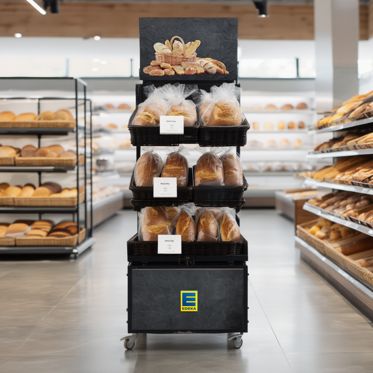 Mobiler Verkaufsständer Concept Edeka Brot mit Rattan Körben